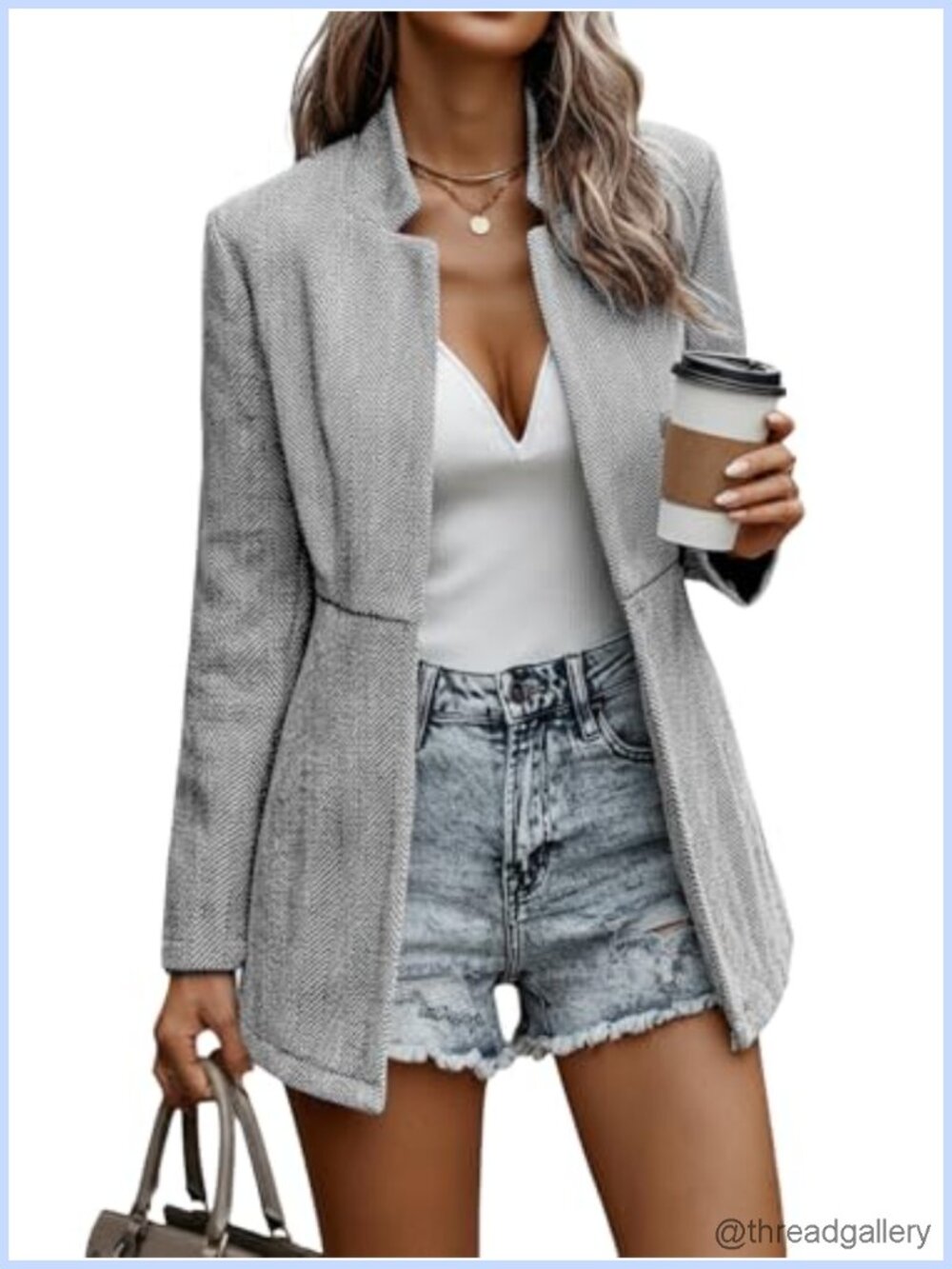 Womens Tweed Blazer Long Open Front Jacket Business Casual